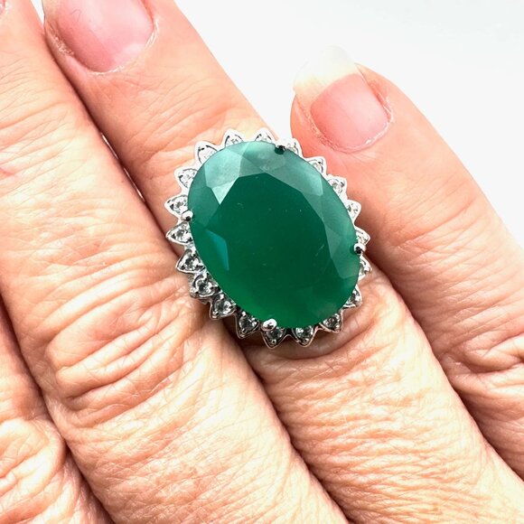 Oval Green Jade White Spinel Gemstone Statement Ring Sterling Silver Size 6 - Picture 3 of 6